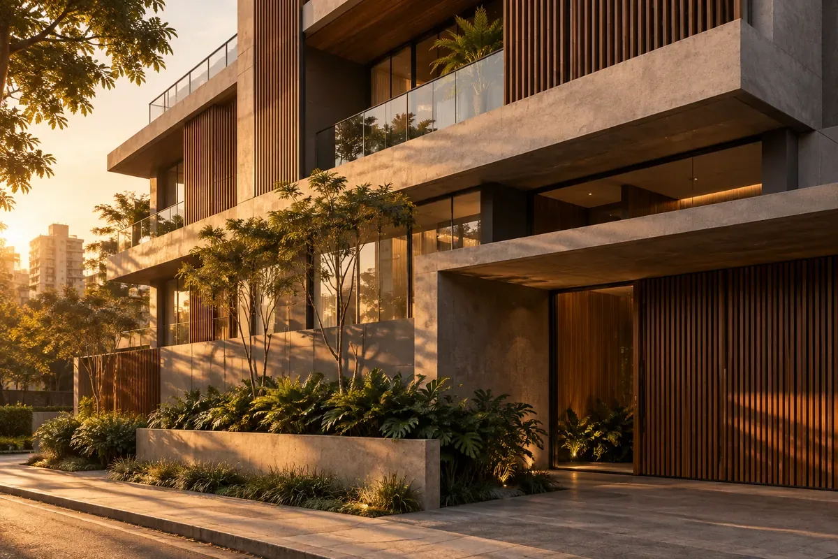 Imagem ilustrativa de arquitetura residencial contemporânea com concreto, madeira e jardins.