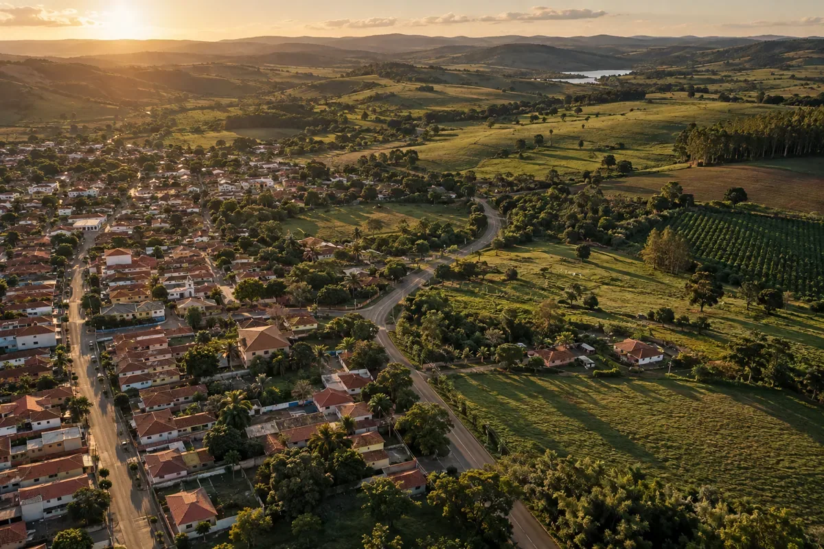 Imagem ilustrativa da transição entre uma cidade brasileira e propriedades rurais.
