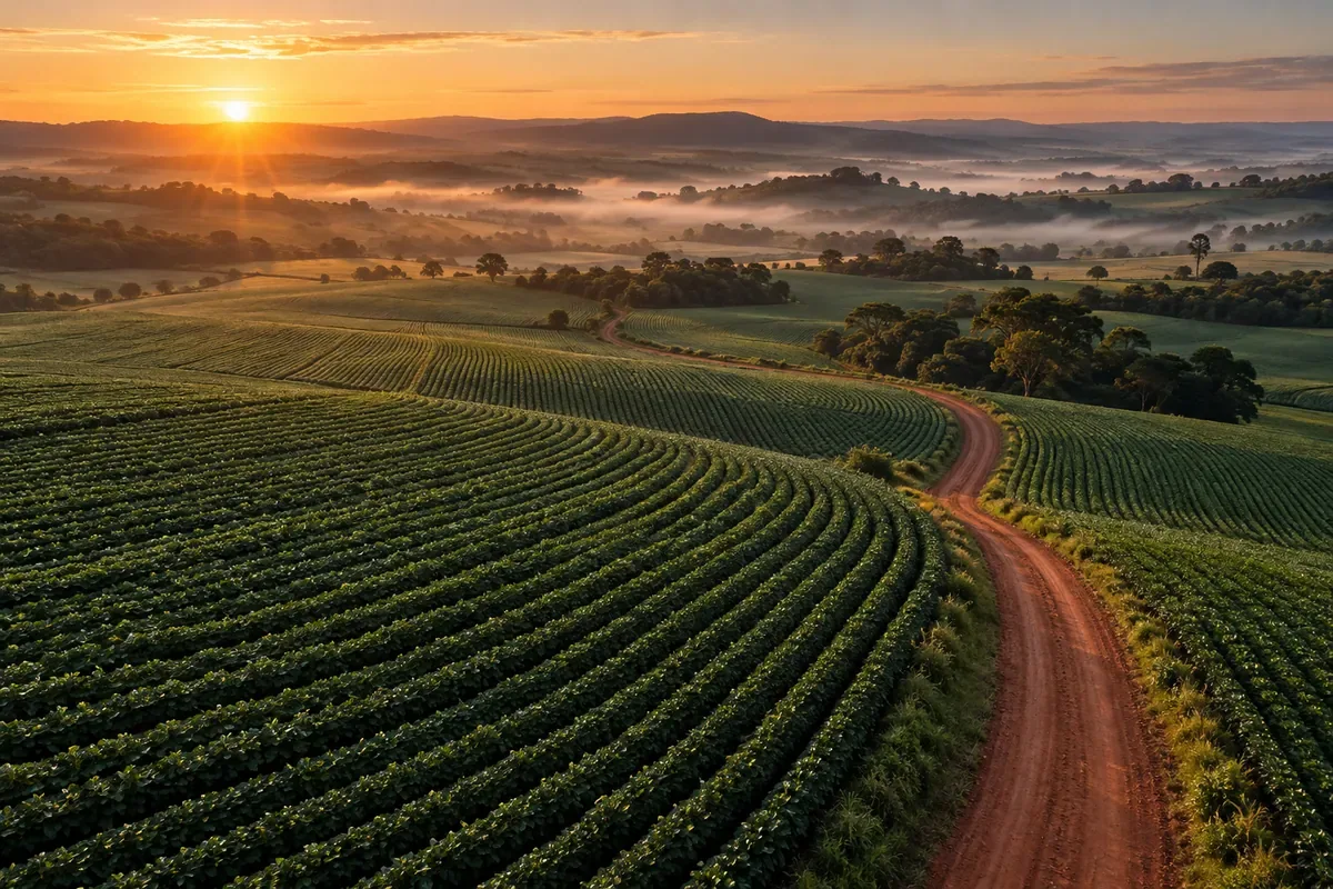 Imagem ilustrativa de lavouras e uma estrada rural ao amanhecer.