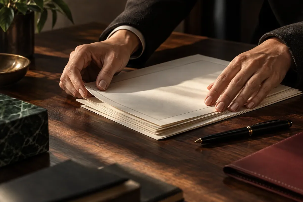 Imagem ilustrativa de mãos organizando documentos sobre uma mesa de madeira.
