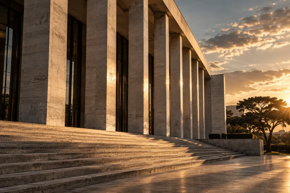 Imagem ilustrativa de arquitetura pública com pilares de pedra iluminados pelo sol.